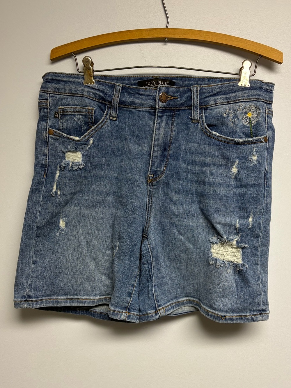 Judy Blue Faded Blue Distressed Denim Shorts with dandelion Embroidery